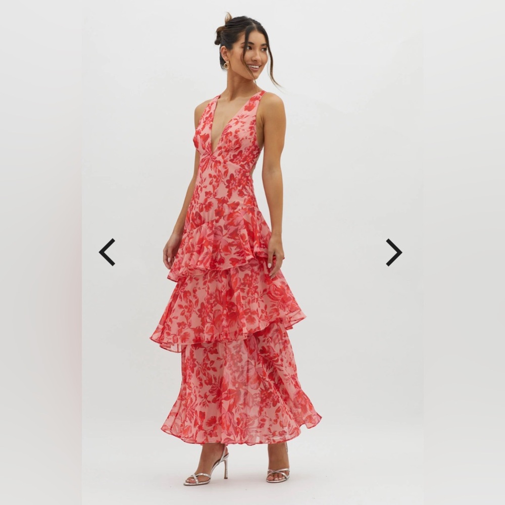 Selfie Leslie Veda Strappy Back Ruffle Midi Dress Floral Red Small